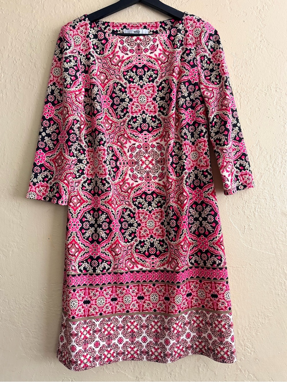 Patterned Pink and Navy Midi Dress with Three-Quarter Sleeves
